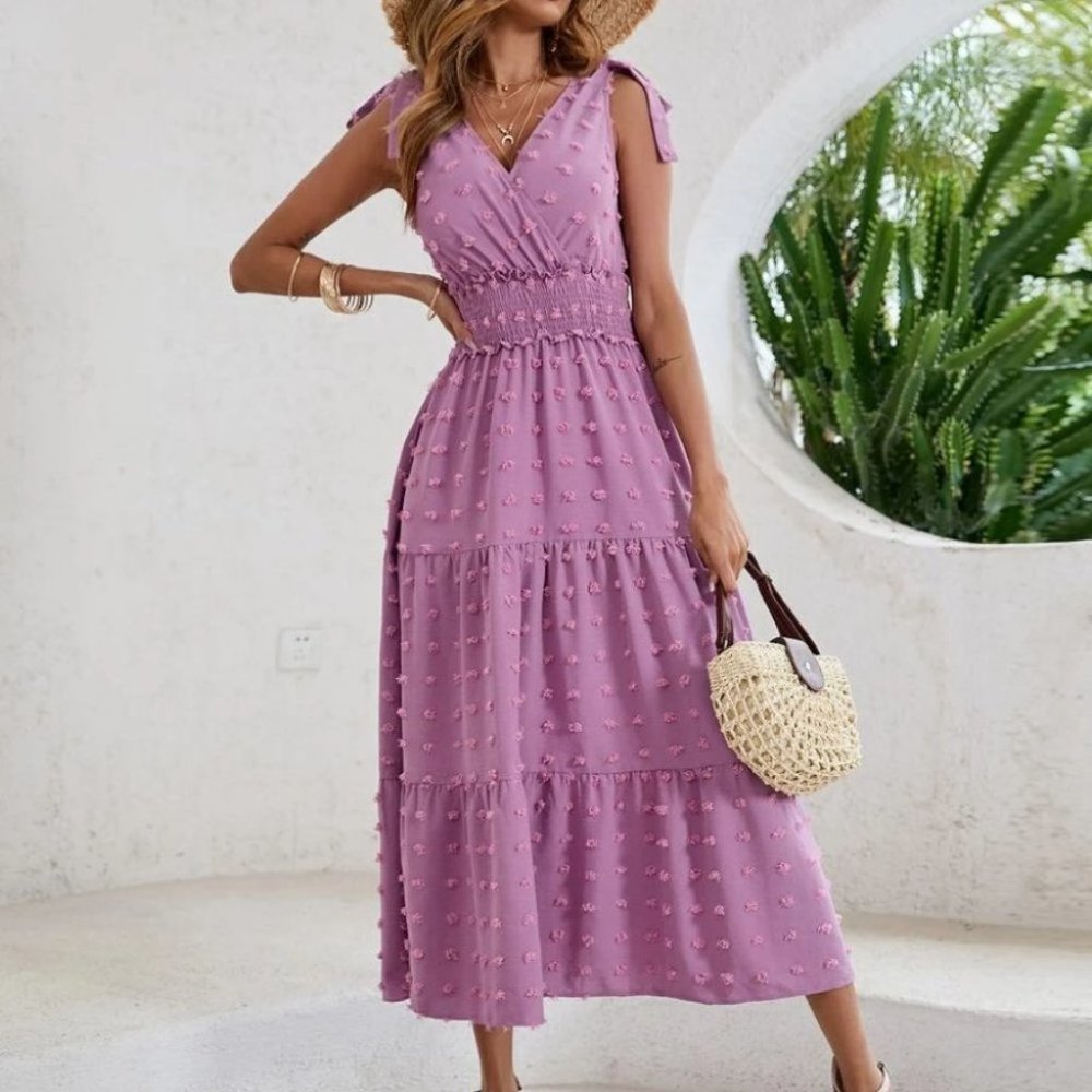 Swiss Dot Tie Shoulder V Neck Shirred Waist Dress purple - Picture 6 of 7